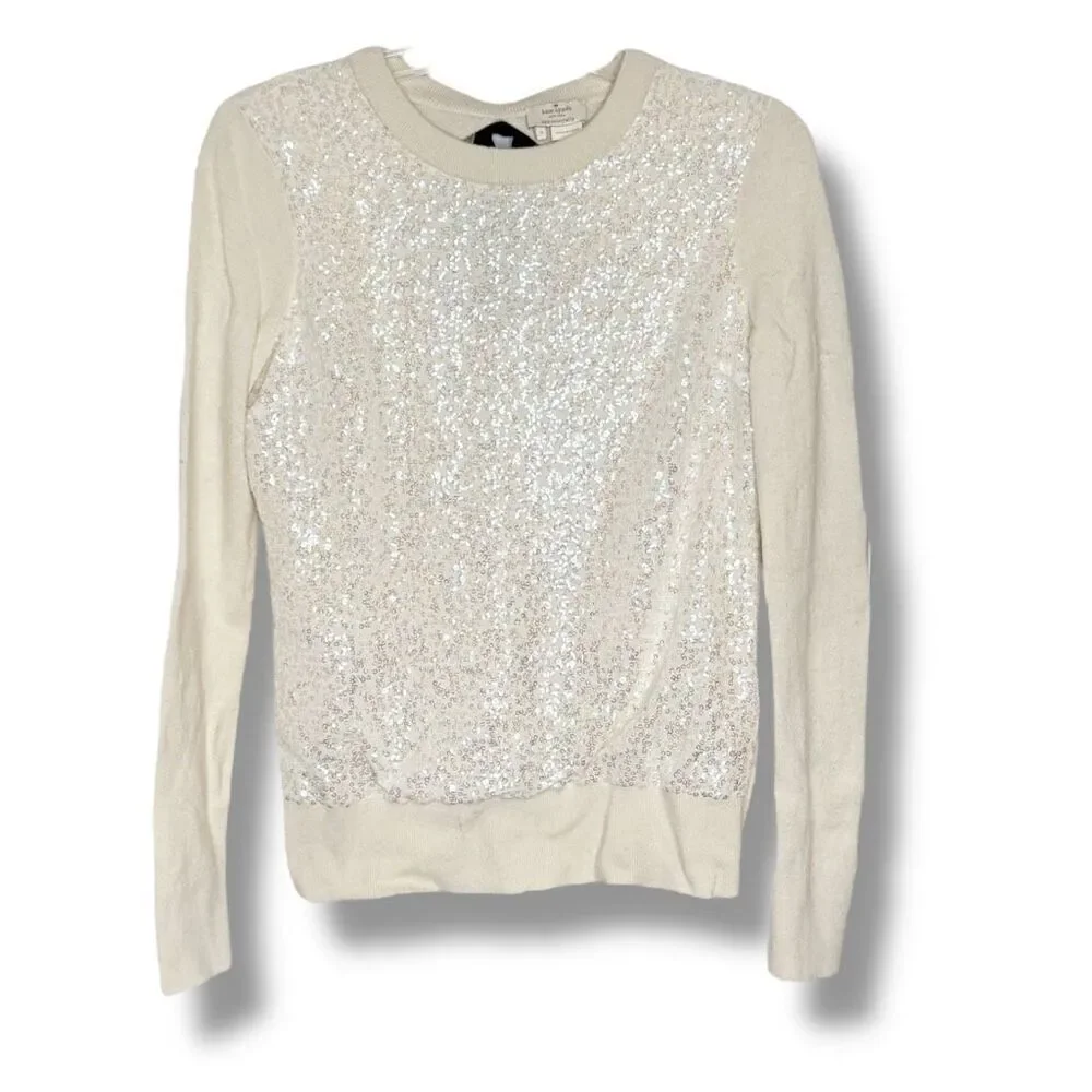 Kate Spade New York Ivory Sequin Front Sweater Keyhole Back Black Satin Bow Sz S